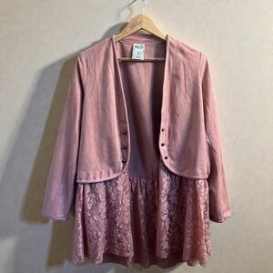 VOCAL Pink Rose Faux Suede Lace Hem Open Front Cardigan Jacket Sz Small Western